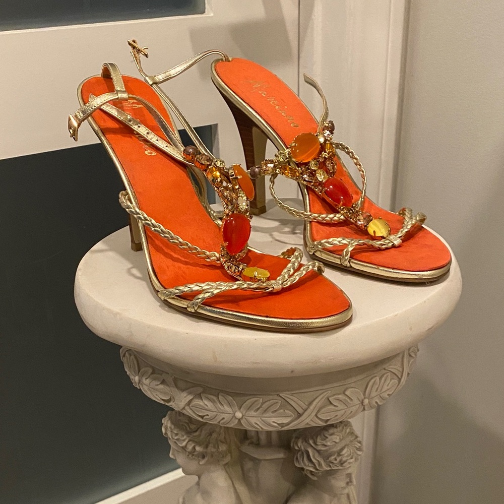 Marciano Orange and Gold Jeweled T-Strap High Heels